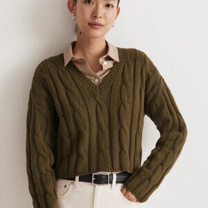 Cable-Knit V-Neck Crop Sweater | Small